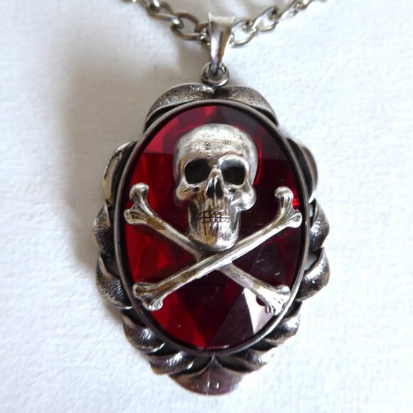 NEW SKULL CROSSBONES BLOOD RED JEWEL PENDANT W/ SILVER 20” CHAIN GOTHIC - Picture 3 of 16